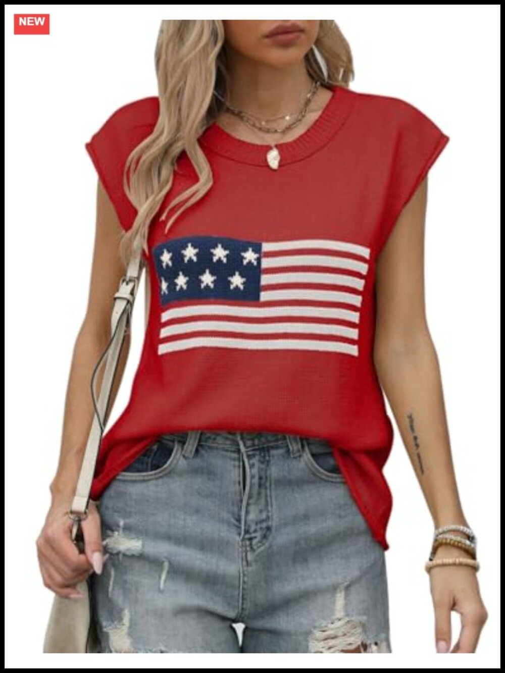 American Flag Cap Sleeve Sweater Vest Knit Tank Top